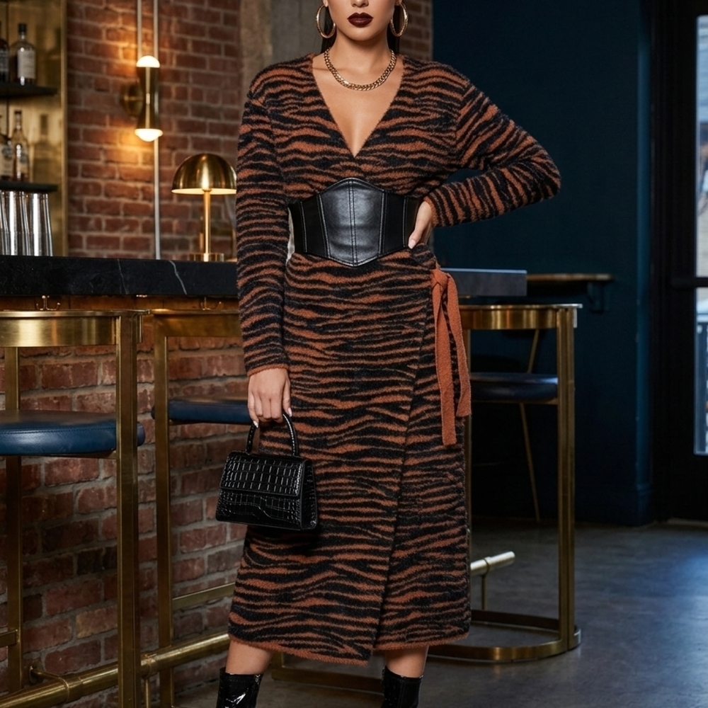J.O.A Elegant Brown and Black Wrap Dress Sz M - Picture 3 of 3